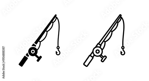 Fishing rod icon set with hook and reel in solid and outline styles for outdoor sport design