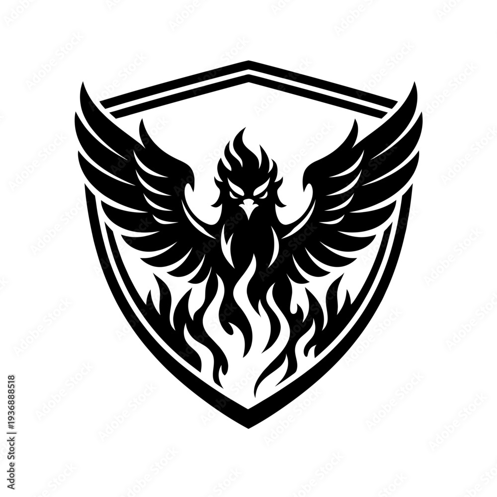 Fototapeta premium Striking black phoenix rising majestically from intricate flames, wings spread in a powerful display, all gracefully framed within a robust, heraldic shield. This iconic emblem signifies rebirth, resi