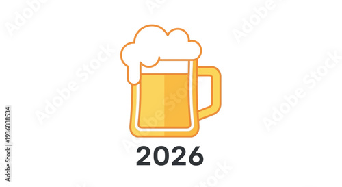 Illustration of a beer mug with foam and the year 2026.