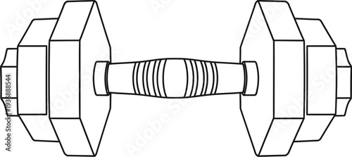 Black and white line art illustration of a single hexagonal dumbbell weight ready for strength training workouts