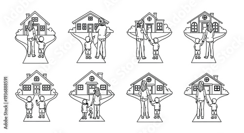 Line art illustrations depicting a mother and son in front of houses