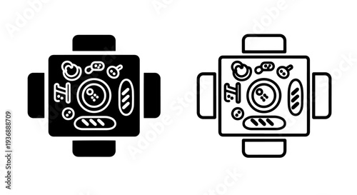 Dining Table with Food and Chairs Top View Icon Set for Restaurant and Meal Concepts