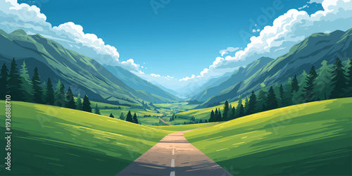 A scenic alpine highway winds through a lush green valley in the Alps, featuring an asphalt road surrounded by summer trees and majestic snow-capped mountains under a cloudy blue sky