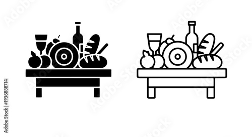 Table spread icons featuring bread, wine, and fruit for picnic and catering concepts