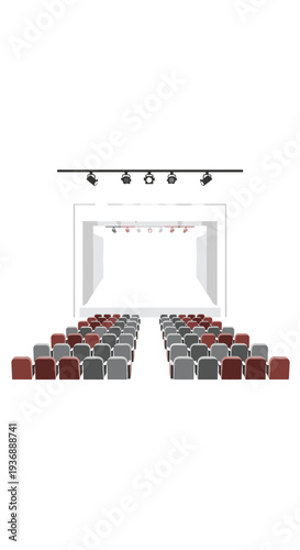 An empty auditorium is presented from a frontal perspective, showcasing a well-lit stage with multiple spotlights and numerous rows of unoccupied red, gray, and brown seating.