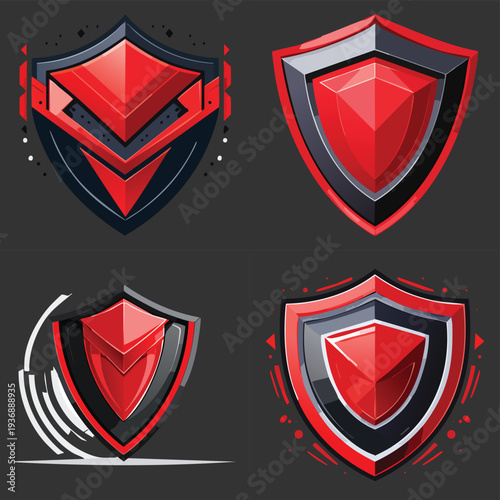 Red Shield Emblems with Geometric Designs.