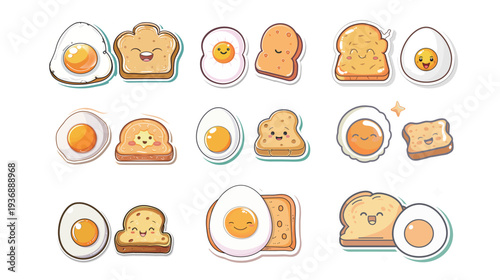 Kawaii cartoon vector illustration of a sunny side-up fried egg, cute breakfast character