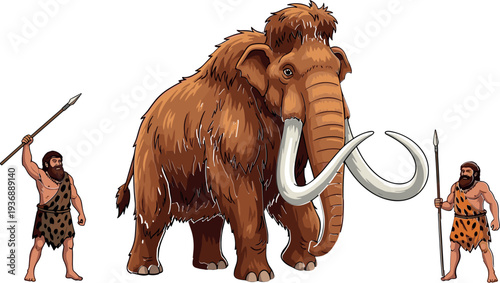 Woolly mammoth with prehistoric hunters vector illustration featuring ice age animal and cavemen with spears in ancient hunting scene