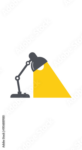 A stylized grey desk lamp with an articulated arm emits a bright, triangular yellow beam of light on a pristine white background.