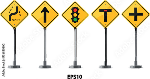 Yellow road traffic warning signs vector illustration featuring split lane, straight arrow, traffic light, T intersection and crossroad symbols