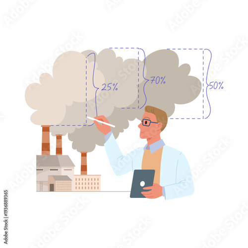 Researcher studies isolated factory pollution percentages and carbon dioxide impact for environmental awareness vector illustration