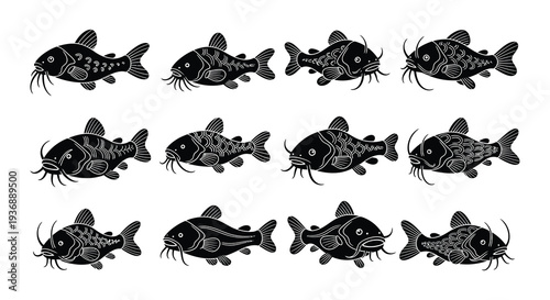 Nine stylized catfish illustrations arranged in a grid pattern