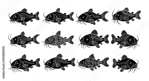 Nine stylized catfish illustrations arranged in a grid pattern