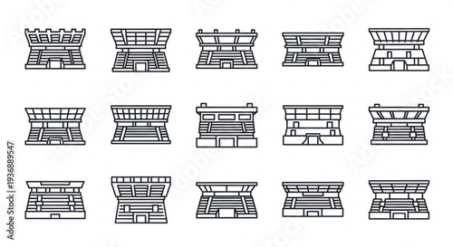 Collection of Minimalist Stadium Bleachers and Spectator Stand Line Art Icons