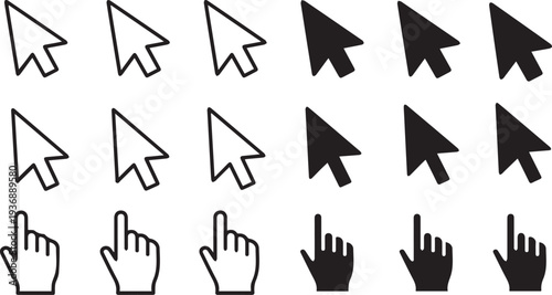 Computer mouse and hand cursor icons in various styles and colors