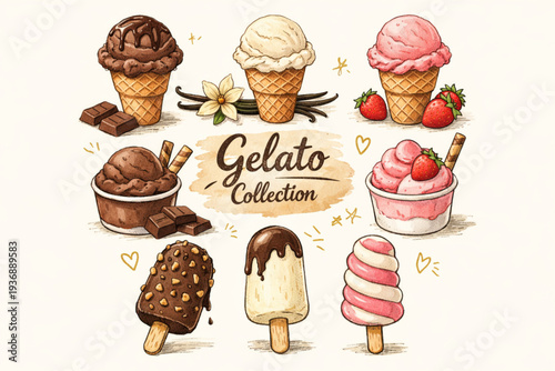 Hand Drawn Summer Ice Cream Clipart Collection – Chocolate, Vanilla and Strawberry Gelato