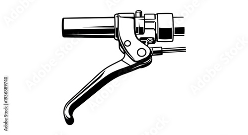 Detailed illustration of a mechanical lever with a curved handle and connected components.