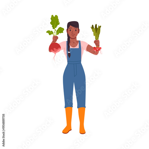 Smiling woman farmer in overalls and boots holding freshly harvested beets and radishes, celebrating organic farming and healthy food, isolated on white background vector illustration