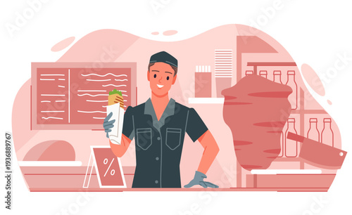 Smiling fast food seller holding shawarma wrap behind counter with menu, bottles, and meat rotisserie, wearing uniform and gloves, isolated on white background vector illustration