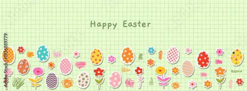 Cute Easter vector background with colorful eggs, flowers and copy space for text, Spring banner, flyer or poster design