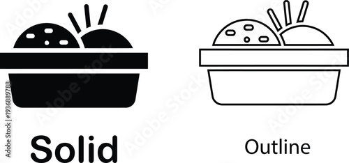 Black and white sushi bowl illustrations with solid and outline styles