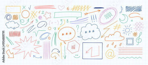 Hand-drawn doodle shapes, arrows, speech bubbles, numbers, and symbols in various colors created with felt tip pen strokes on grid paper, isolated on white background vector illustration