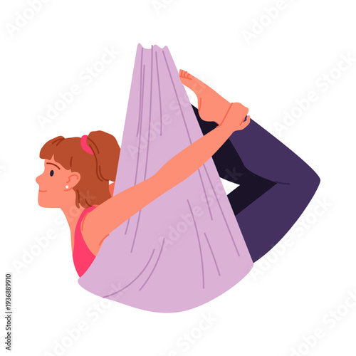Young woman performing aerial yoga exercise in isolated hammock on white background vector illustration