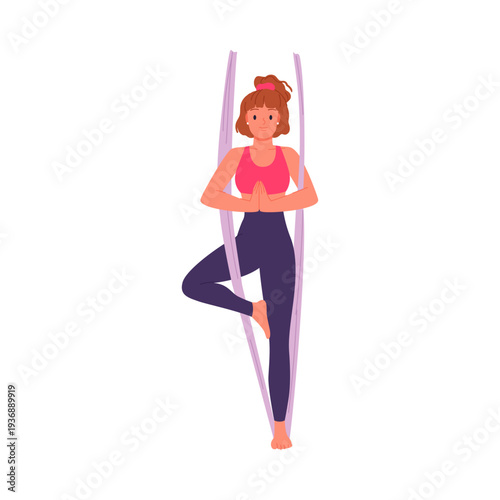 Young woman performing aerial yoga in a hammock, balancing in tree pose with hands together, wearing activewear. Isolated on white background vector illustration