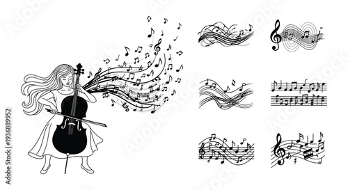 A young woman plays the cello amidst swirling musical notes and symbols