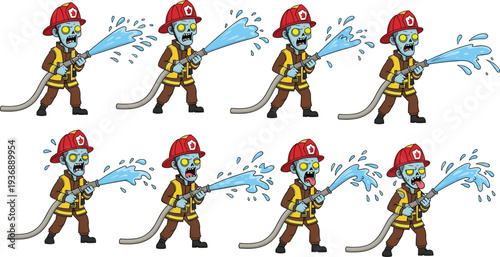 Cartoon firefighter zombies spraying water with hoses, humorous vector design for Halloween, gaming sprites, animation projects, creative stock illustrations, and spooky artwork