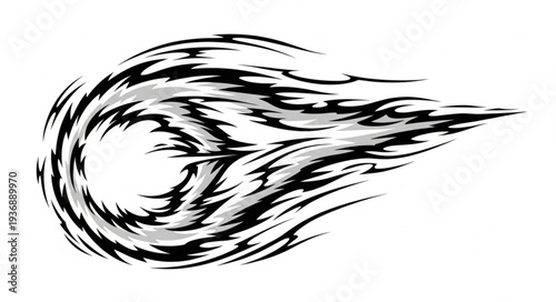 Dynamic black and white illustration of a fast-moving comet across the sky.