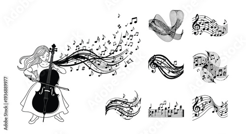 A young woman plays the cello amidst swirling musical notes and symbols