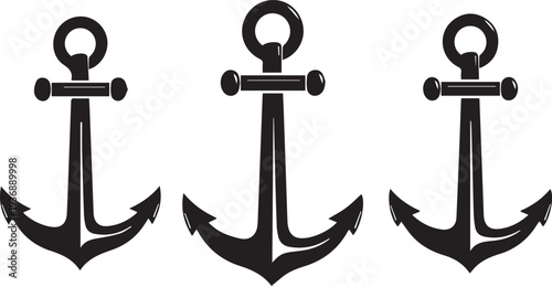 Three black anchors on a white background nautical symbol