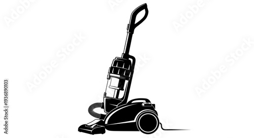 Detailed black and white illustration of a modern upright vacuum cleaner on a white background.