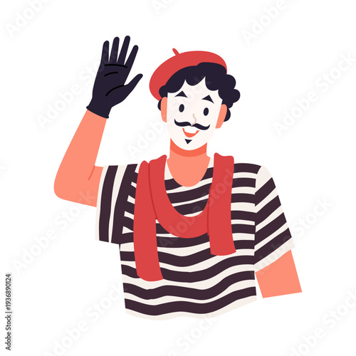 Smiling French mime artist in striped shirt and beret waving hand on isolated white background vector illustration