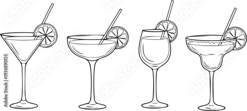 Four elegant cocktail glasses with straws and lemon slices on a white background