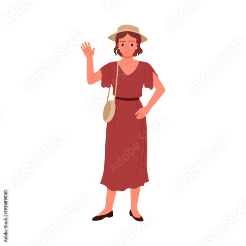 Young woman in a red dress, straw hat, and crossbody bag waving hello, stylishly dressed in French fashion, standing isolated on white background vector illustration