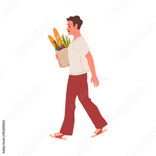 Young man walking with a paper bag filled with baguettes, wine, and vegetables, wearing casual clothes, isolated on white background vector illustration