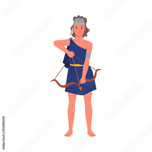 Mythological Greek god with bow and arrow in blue tunic isolated on white vector illustration