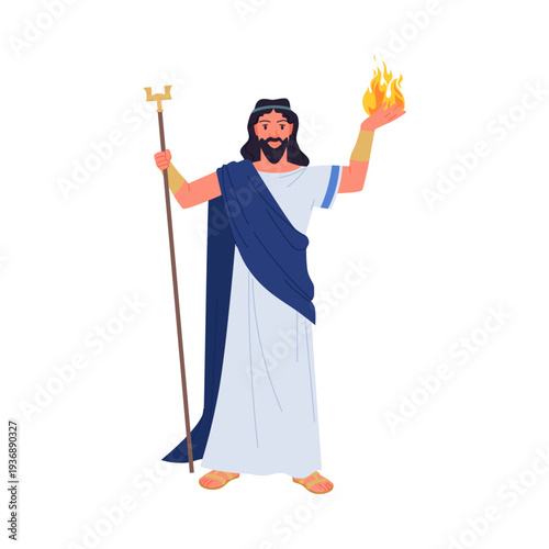 Mythological Greek god character in traditional robe holding staff and fire, standing isolated on white background vector illustration