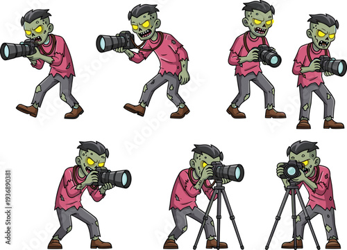 Cartoon zombie character using camera and tripod, humorous vector design with photography poses, creative Halloween artwork, novelty stock illustration, and spooky themes