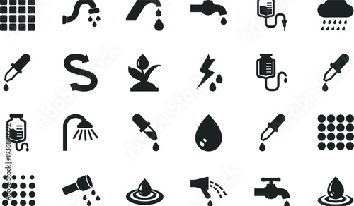 Water drops and plumbing symbols icon set faucet rain irrigation vector collection pack