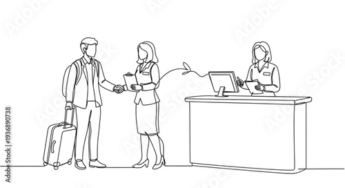 Hotel check-in scene - a guest interacts with hotel staff for assistance.