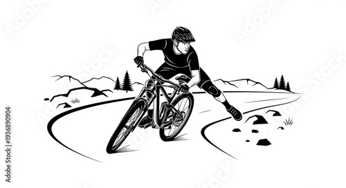 Mountain biker skillfully navigating a winding trail, demonstrating balance and control with determination.