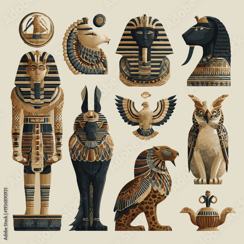 Generate A Set of ancient Egyptian historical figures and mythological symbols with vector illustration