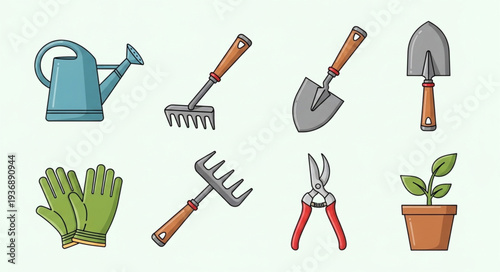 Collection of gardening tools essential for cultivating plants and maintaining gardens effectively.