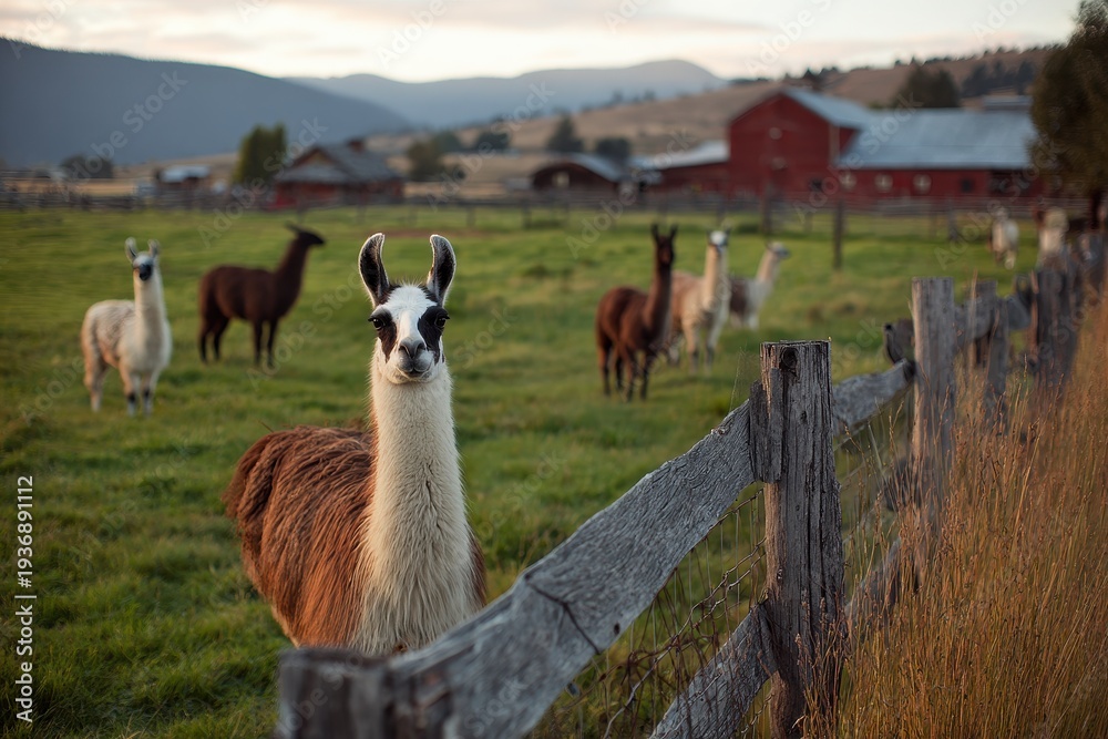 Obraz premium Tranquil farm life: llamas and caretaker in a quiet countryside setting
