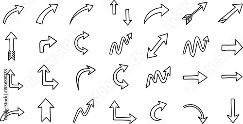A collection of 25 unique black and white arrow icons in various directions and styles