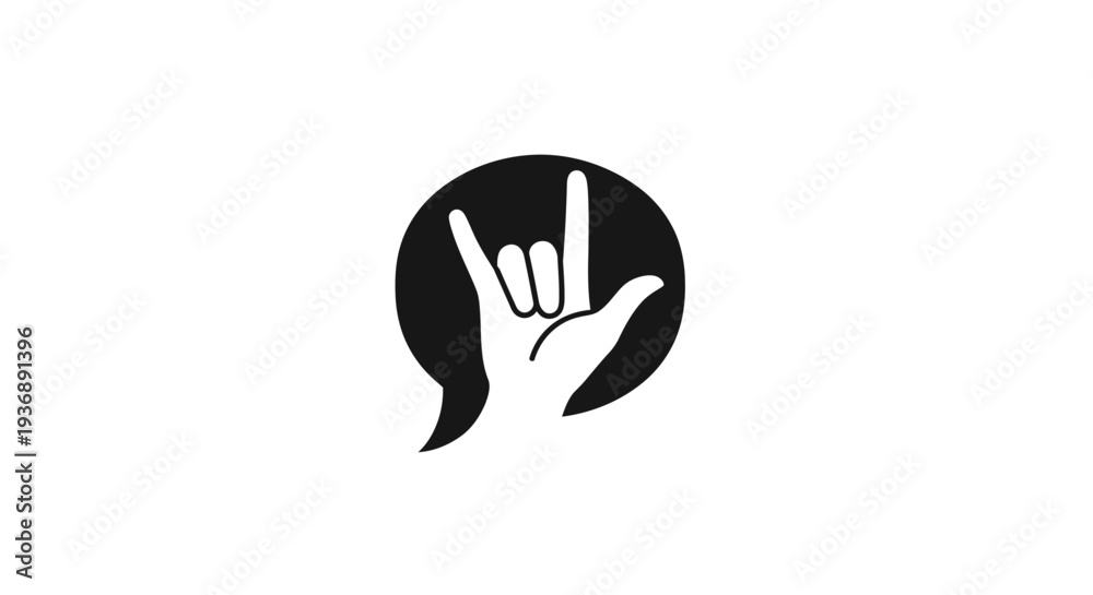 Obraz premium Black and white illustration of a hand making a rock on symbol inside a speech bubble.