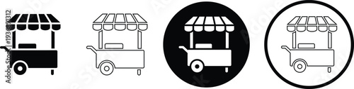 Variations of a food cart icon in different styles and shapes